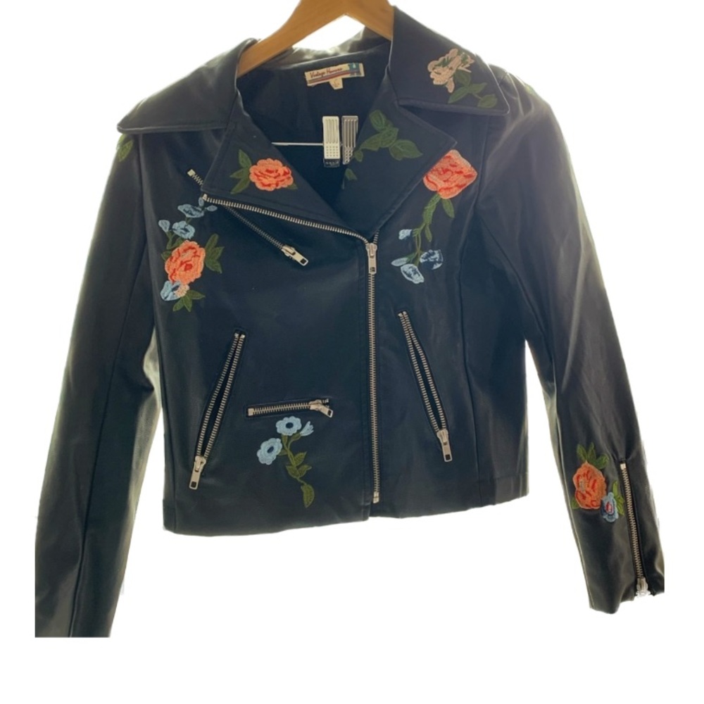 Vintage Havana Leather Jacket With Flowers